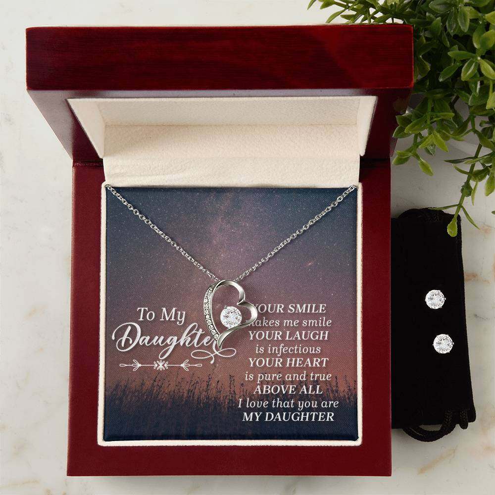 JewelryForever Love Necklace + Clear CZ Earrings DaughterGive your loved one a gift that will make their heart swell! The Forever Love Necklace and Cubic Zirconia Earring Set is sure to do the trick.  This necklace and earForever Love Necklace + Clear CZ Earrings Daughter