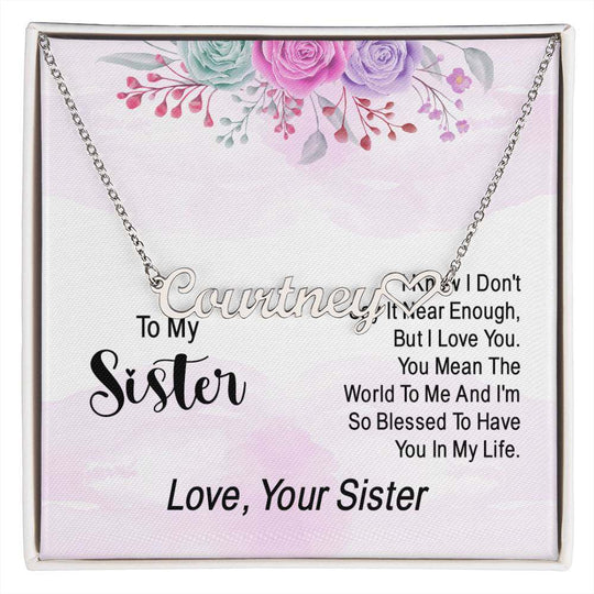 Name necklace with heart character and floral design, perfect gift for sister.