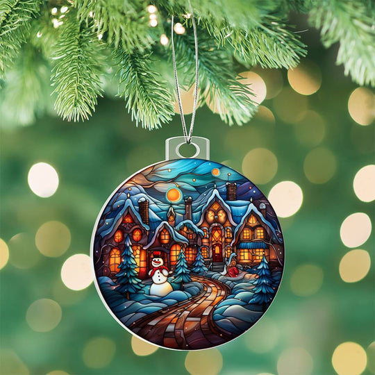 Acrylic Ornament Towns Frosty hanging on tree with vibrant snow-covered village design.