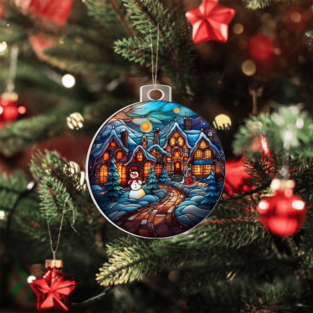 Personalized acrylic ornament featuring a frosty town design, perfect Christmas keepsake gift.