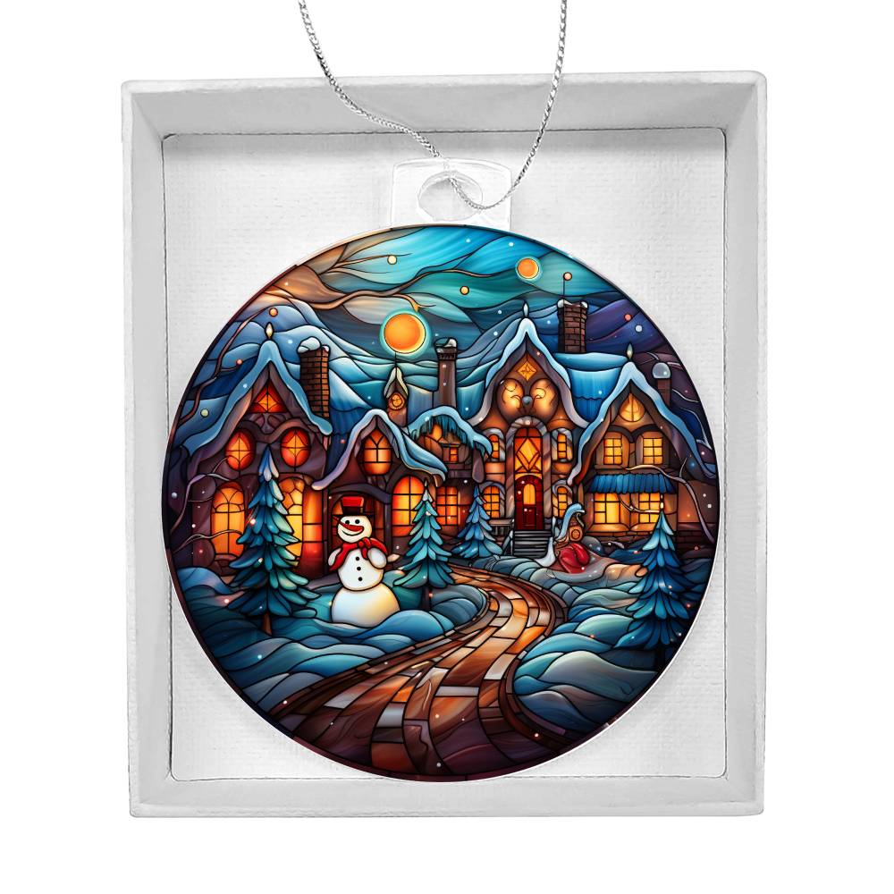 Personalized Acrylic Ornament 'Towns Frosty' with snowy village design, ideal Christmas gift.