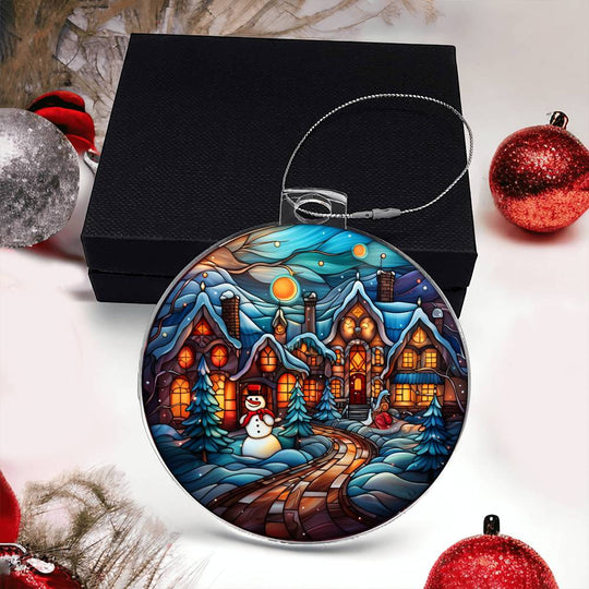 Acrylic Ornament Towns Frosty with vibrant winter village and snowman design.