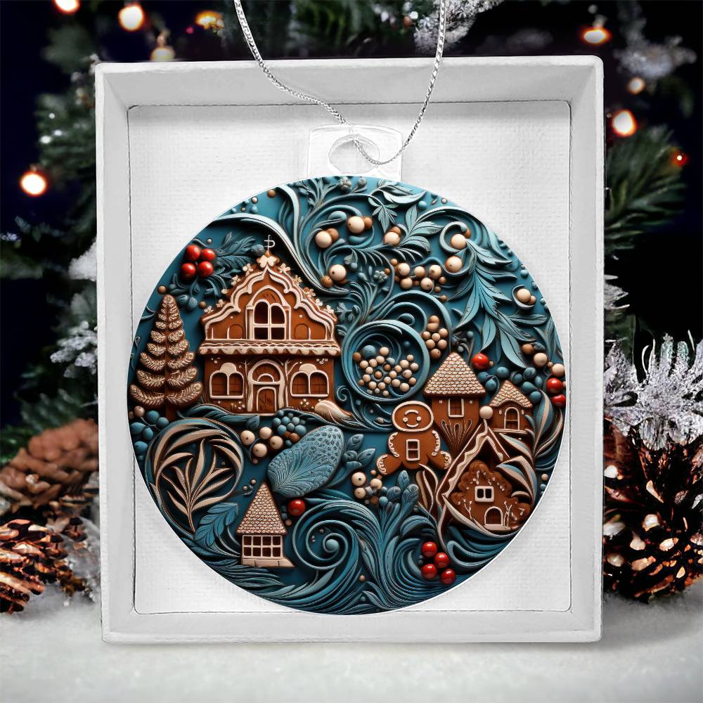 Acrylic ornament featuring gingerbread man and house design, perfect for Christmas keepsakes.