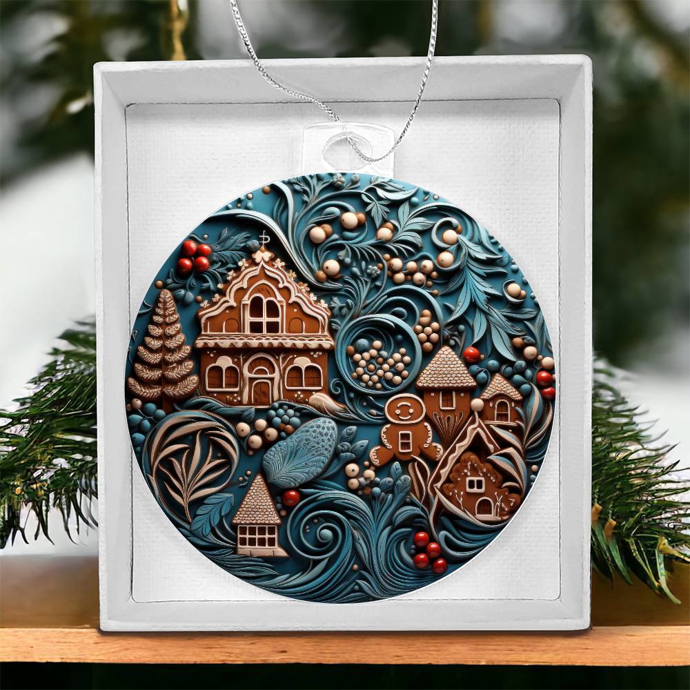 Acrylic ornament featuring gingerbread house and man design with silver twine.