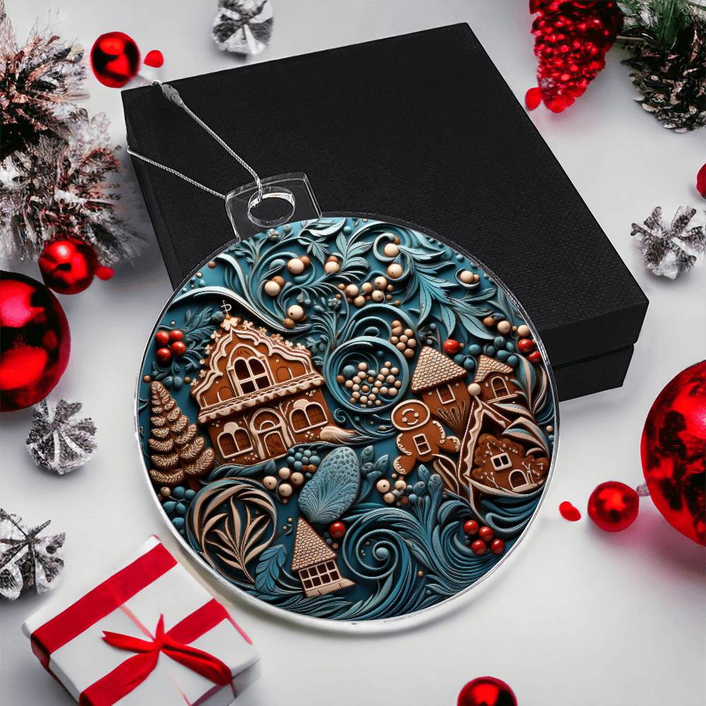 Acrylic ornament featuring gingerbread man and house design, ideal keepsake for special occasions.