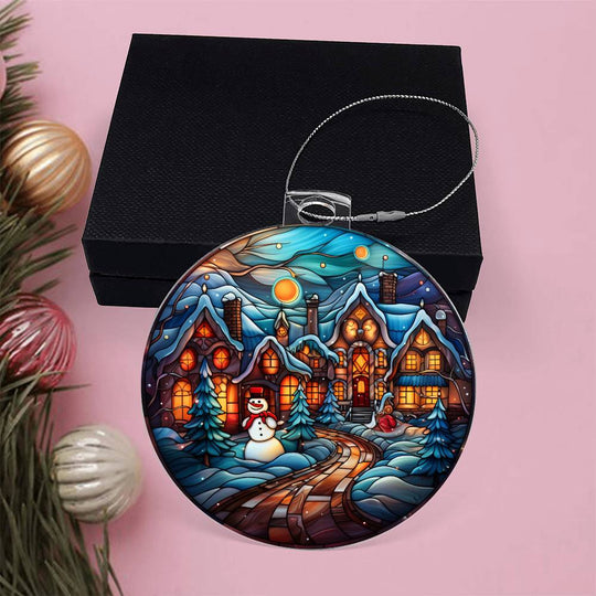 Personalized acrylic ornament with frosty town design, vibrant colors, ideal holiday gift.