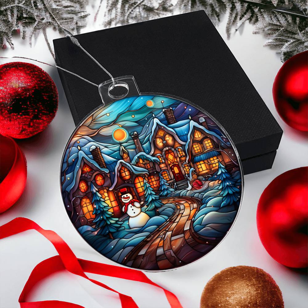 Acrylic Ornament Towns Frosty with vibrant winter scene and snowman, perfect holiday keepsake gift.