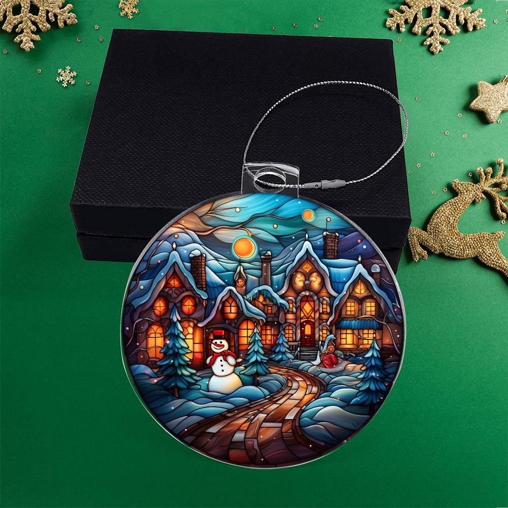 Acrylic Ornament Towns Frosty with vibrant winter village design and silver twine.