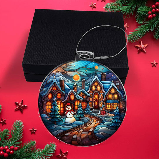 Acrylic Ornament Towns Frosty featuring vibrant Christmas town design with snowman.