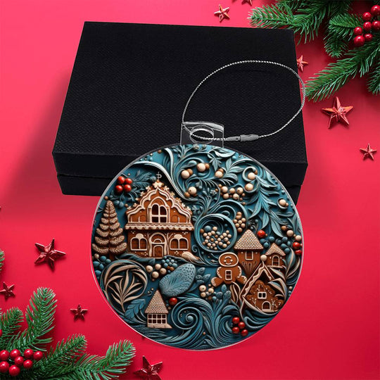 Acrylic ornament featuring gingerbread man and house design with festive decorations.