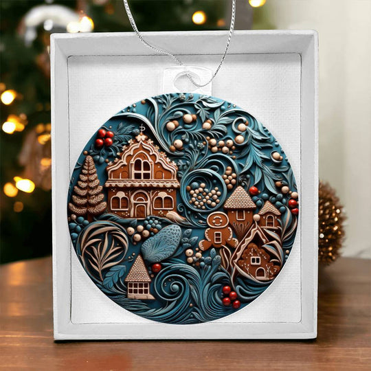 Acrylic ornament featuring gingerbread man and house design with vibrant colors, perfect keepsake for special occasions.