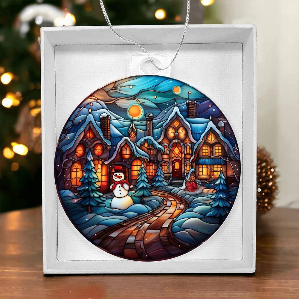 Acrylic Ornament Towns Frosty with printed winter village scene, perfect as a personalized Christmas gift, displayed in a gift box.