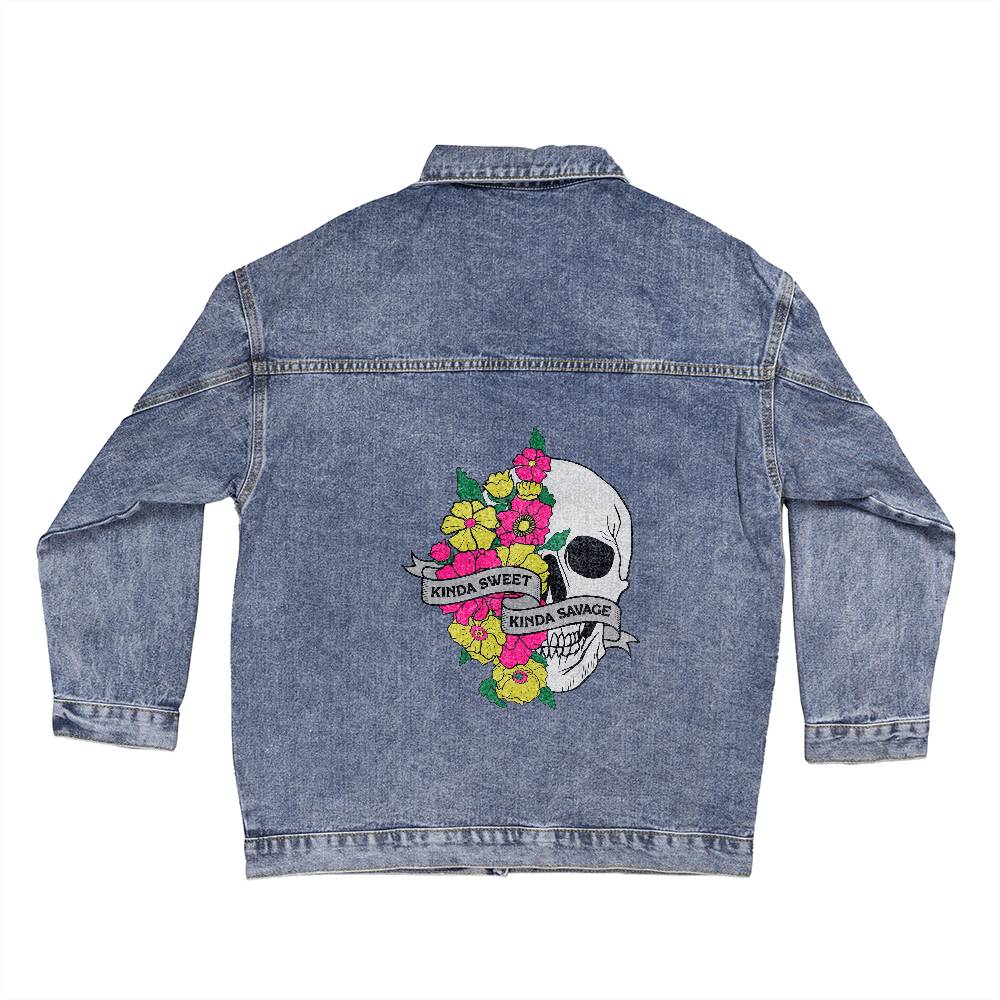 ApparelOversized Women's DTG Denim Jacket Kinda sweet kinda SavageUnleash never-before-seen style with our custom-designed Oversized Women's DTG Denim Jacket, a perfect blend of classic fashion and personal expression. This boyfrieOversized Womens DTG Denim Jacket Kinda sweet kinda Savage