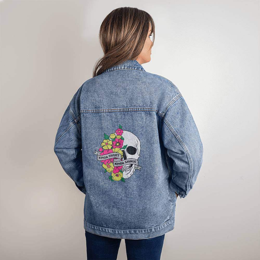 ApparelOversized Women's DTG Denim Jacket Kinda sweet kinda SavageUnleash never-before-seen style with our custom-designed Oversized Women's DTG Denim Jacket, a perfect blend of classic fashion and personal expression. This boyfrieOversized Womens DTG Denim Jacket Kinda sweet kinda Savage