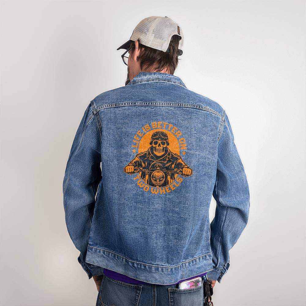 ApparelMen's DTG Denim Jacket Life is better on 2 wheelsYou deserve a piece that seamlessly blends timeless style with a contemporary edge. Our custom-designed Men's DTG Denim Jacket is the perfect way to elevate your claMens DTG Denim Jacket Life is better on 2 wheels