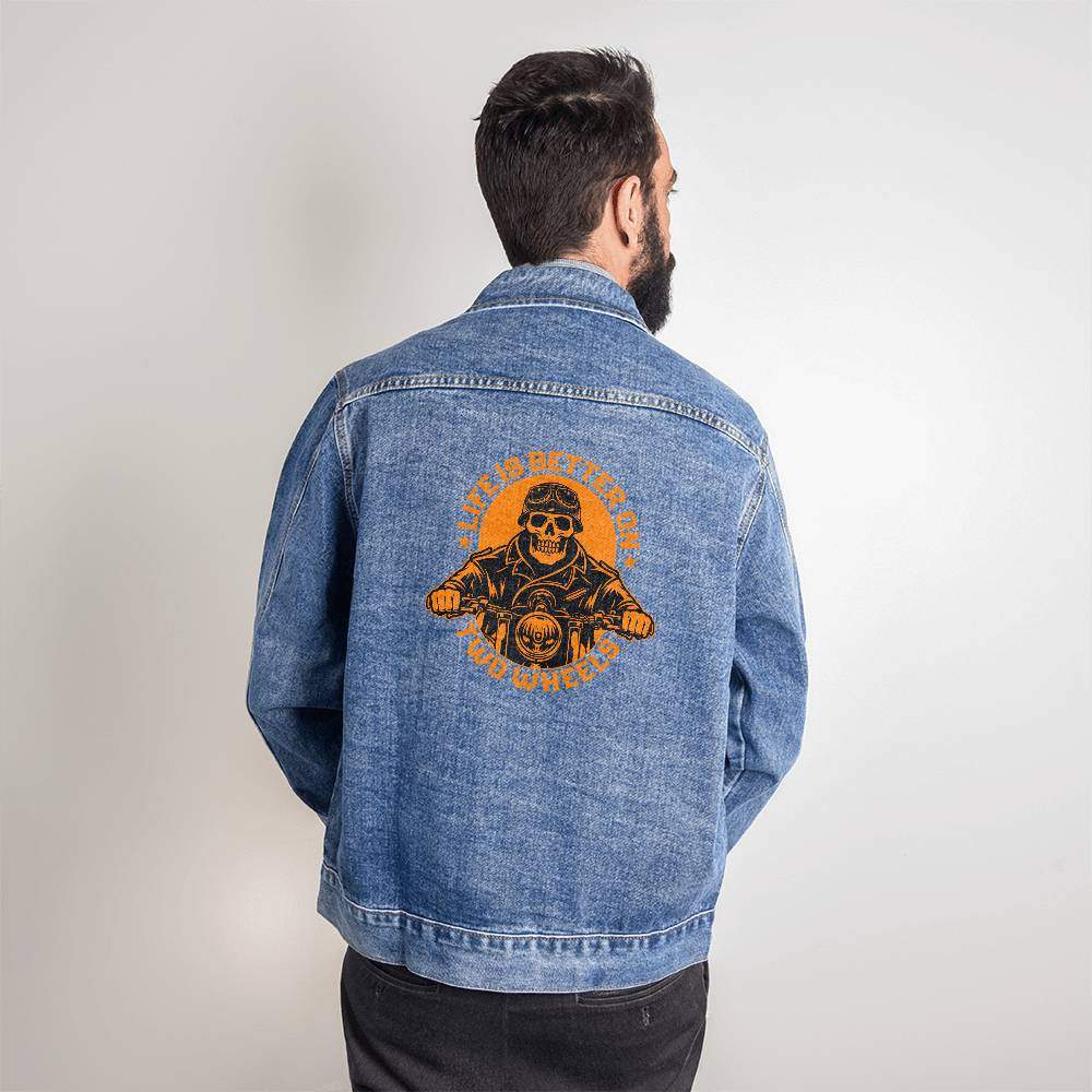 ApparelMen's DTG Denim Jacket Life is better on 2 wheelsYou deserve a piece that seamlessly blends timeless style with a contemporary edge. Our custom-designed Men's DTG Denim Jacket is the perfect way to elevate your claMens DTG Denim Jacket Life is better on 2 wheels