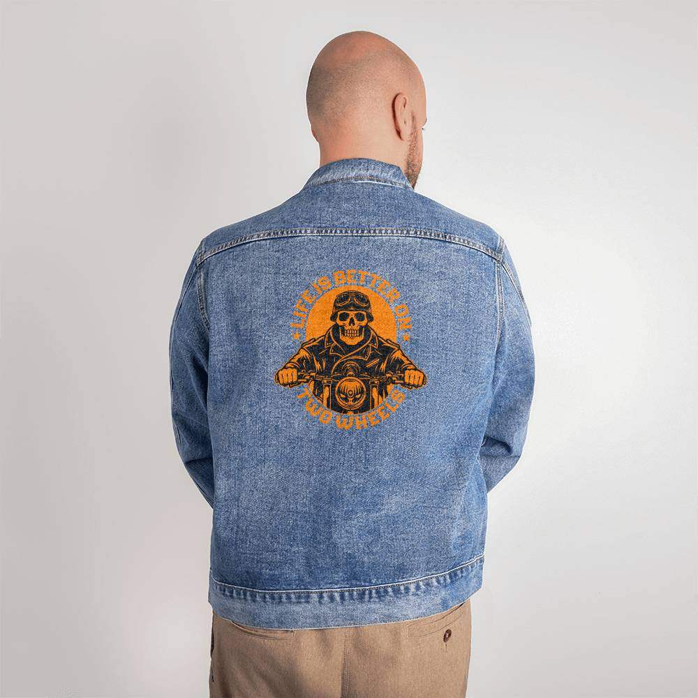 ApparelMen's DTG Denim Jacket Life is better on 2 wheelsYou deserve a piece that seamlessly blends timeless style with a contemporary edge. Our custom-designed Men's DTG Denim Jacket is the perfect way to elevate your claMens DTG Denim Jacket Life is better on 2 wheels