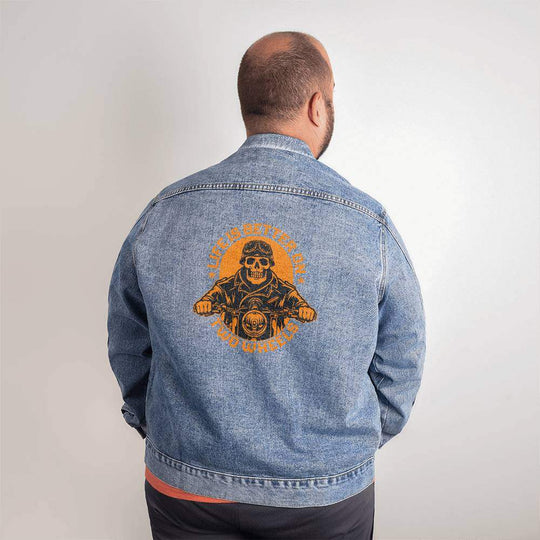 ApparelMen's DTG Denim Jacket Life is better on 2 wheelsYou deserve a piece that seamlessly blends timeless style with a contemporary edge. Our custom-designed Men's DTG Denim Jacket is the perfect way to elevate your claMens DTG Denim Jacket Life is better on 2 wheels