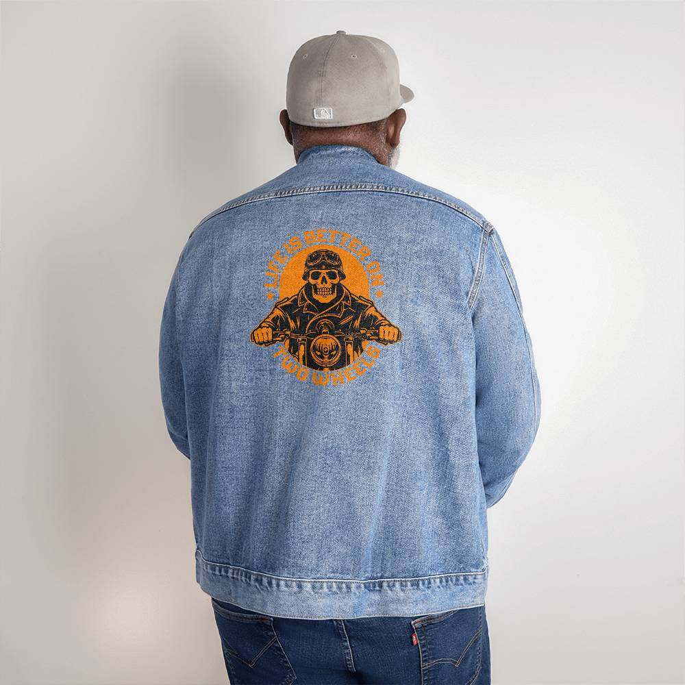 ApparelMen's DTG Denim Jacket Life is better on 2 wheelsYou deserve a piece that seamlessly blends timeless style with a contemporary edge. Our custom-designed Men's DTG Denim Jacket is the perfect way to elevate your claMens DTG Denim Jacket Life is better on 2 wheels