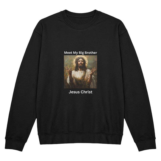 Black Bella + Canvas 3945 Unisex Crewneck, "Meet My Big Brother" design, featuring Jesus Christ image.