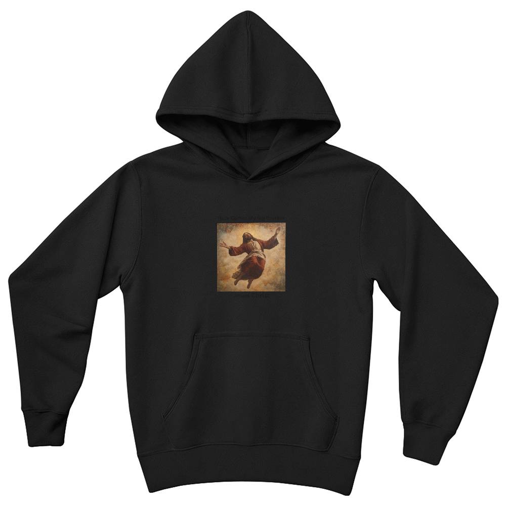 Youth pullover hoodie with "Here Comes My Big Brother" print, black, featuring kangaroo pockets and ribbed trim.