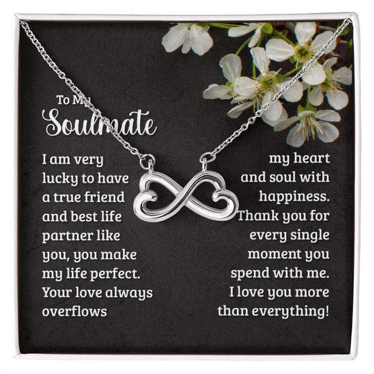 Endless Love Necklace Soulmate with heart-shaped infinity design in 14k white gold finish, displayed in elegant packaging.