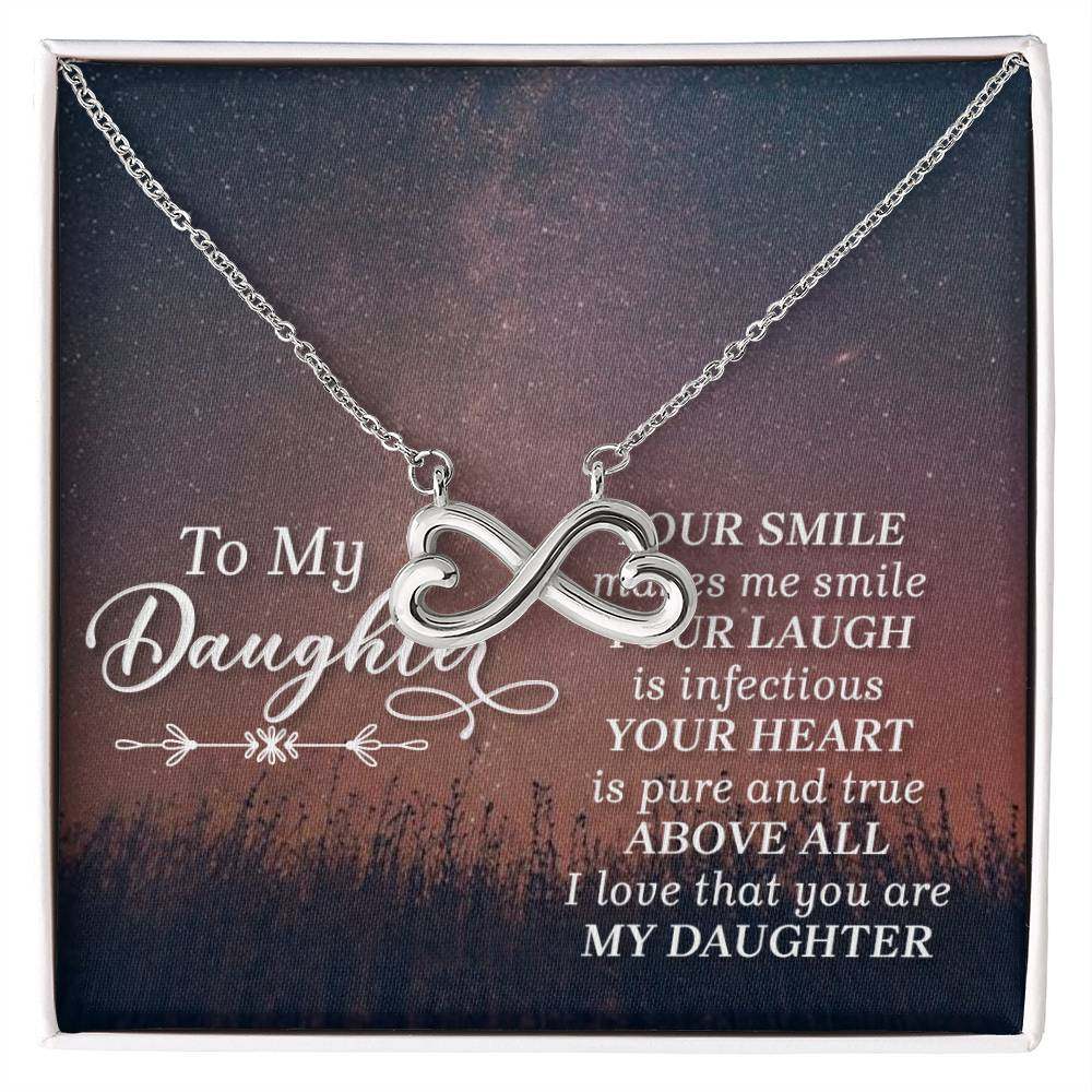 Endless Love Necklace Daughter with heart-shaped infinity symbol and adjustable chain on a love-themed background.