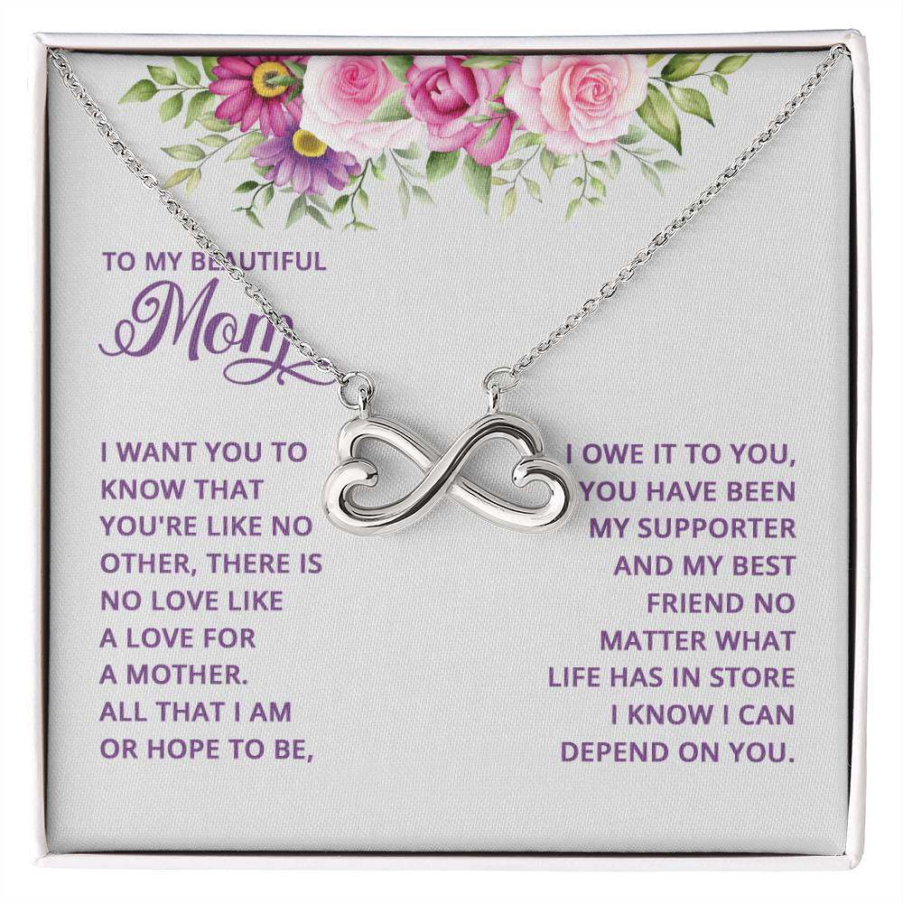 Endless Love Necklace Mom with heart-shaped infinity symbol, gift packaging.