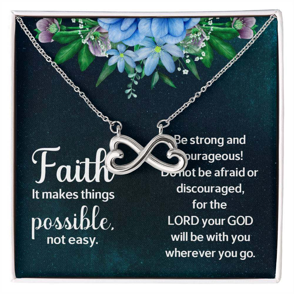 Endless Love Necklace with heart-shaped infinity symbol, faith-themed packaging.