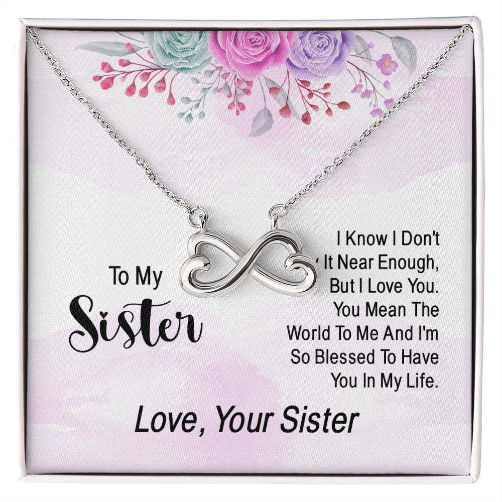 Endless Love Necklace Sister with heart-shaped infinity symbol in gift box.