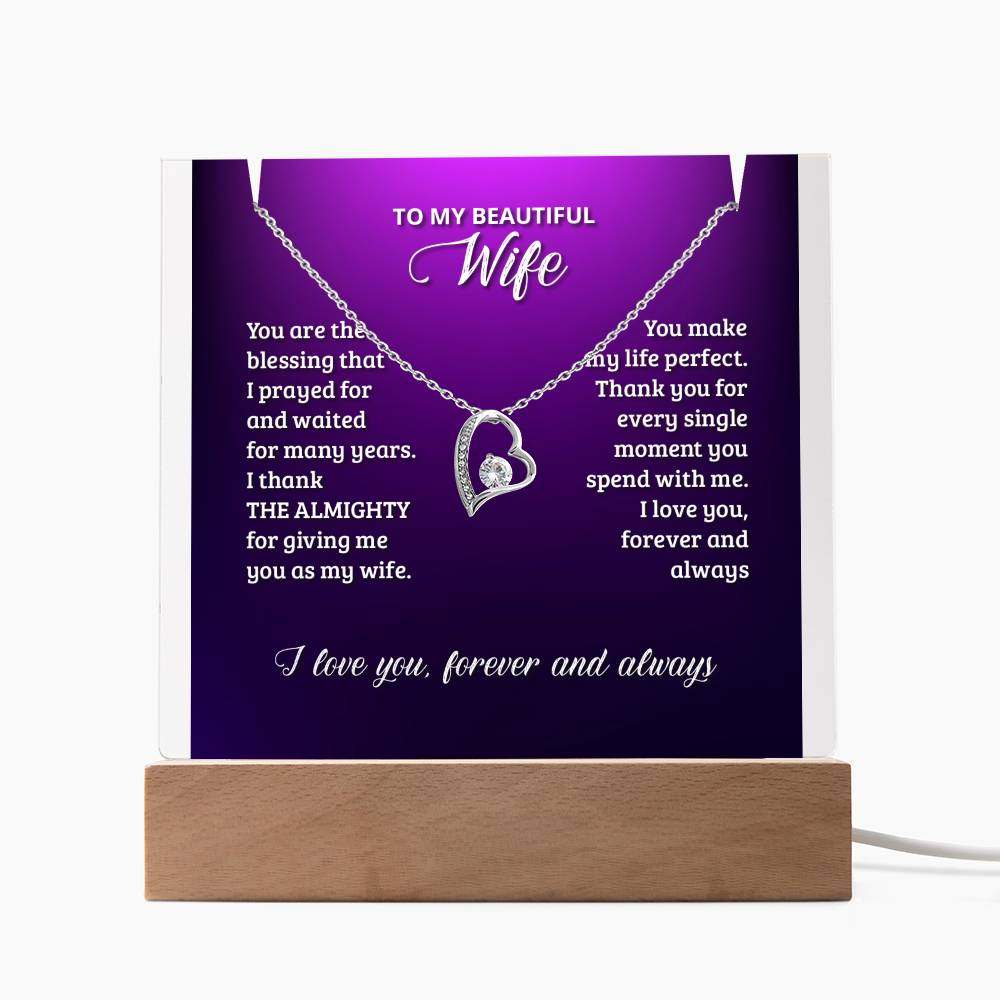 Elegant 'To My Beautiful Wife' keepsake acrylic bundle with Forever Love Necklace, featuring customizable LED base and stunning cubic zirconia pendant. Perfect gift for anniversaries or special occasions.